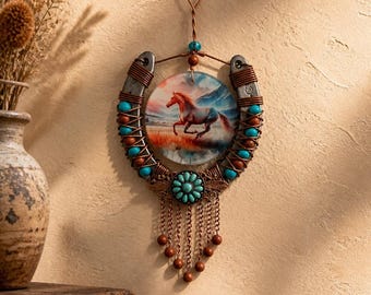 Handcrafted Horseshoe Wall Decor, Running Horse Art, Turquoise Southwest Hanging