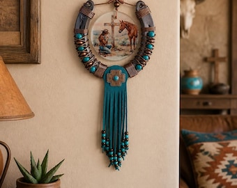Western Horseshoe Wall Hanging Turquoise Cowgirl Faith Art Rustic Horse Decor Ranch Gift