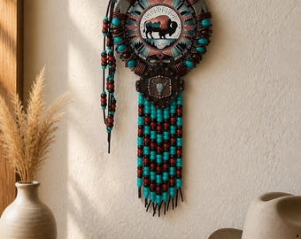 Handcrafted Buffalo Bison Horseshoe Wall Decor Western Southwestern Rustic Native American Tribal Art Hanging