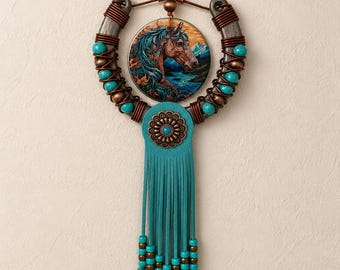 Handcrafted Turquoise Copper Horse Wall Hanging, Rustic Western Boho Decor