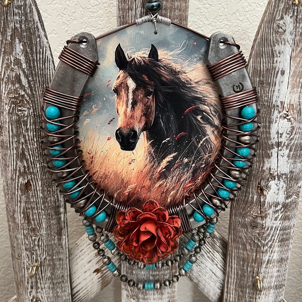 Horse Lover Gift - Horseshoe Art - Equine Wall Hanging - Cowgirl Style  - Western Decor - Gypsy Cowgirl - Gift for Her