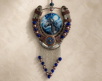 Handcrafted Horseshoe Wall Decor, Moonlit Horse, Copper Wire, Western Concho, Blue Beads
