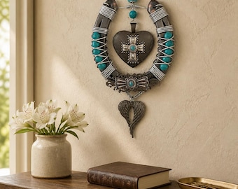 Handmade Western Horseshoe Wall Decor Turquoise Rustic Cross Heart Angel Wing Memorial Gift