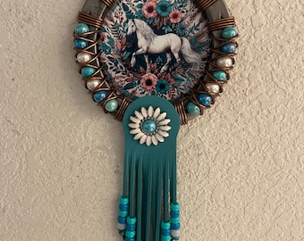 Handcrafted Horse Horseshoe Wall Hanging, Turquoise Beads, Rustic Western Decor