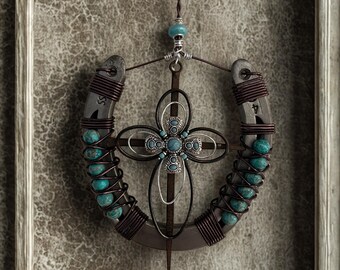Handcrafted Horseshoe Cross Wall Decor Turquoise Beaded Western Rustic Christian Faith Art Gift
