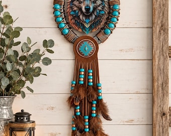 Handcrafted Wolf Horseshoe Wall Hanging, Southwestern Western Decor, Turquoise Beads, Leather Fringe, Feathers
