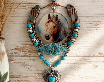 Turquoise Horseshoe Horse Wall Decor, Rustic Western Hanging, Copper Wire Southwest Art