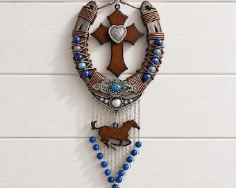 Handcrafted Western Christian Horseshoe Wall Decor, Turquoise Beaded Cross, Horse Silhouette (Rustic Creation Ranch)