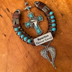 Personalized Horse Memorial Horseshoe: Turquoise Cross, Angel Wings