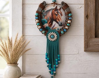 Handcrafted Turquoise Horseshoe Wall Decor | Western Cowgirl Boho Equestrian Home Accent Gift