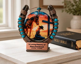 Personalized Cowgirl Memorial Keepsake with Horse Cross Sympathy Gift Remembrance Tribute Bereavement Horseshoe Decoration