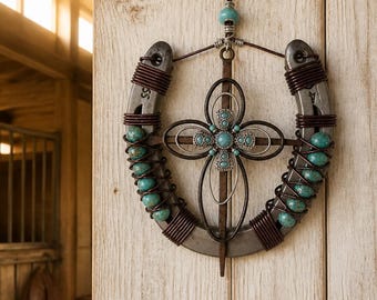 Handcrafted Horseshoe Cross Wall Decor Turquoise Beaded Western Rustic Christian Faith Art Gift