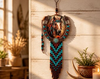 Native American Horse Horseshoe Wall Decor, Handcrafted Western Horseshoe Art, Rustic Southwest Ranch Decor,
