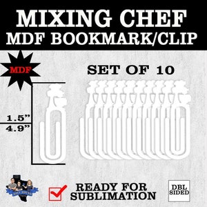 Peut inclure: Ensemble de 10 marque-pages/clips en MDF blanc, prêts pour la sublimation. Chaque clip mesure 3,8 cm sur 12,4 cm. Les clips sont en forme de grand trombone avec un dessus décoratif.