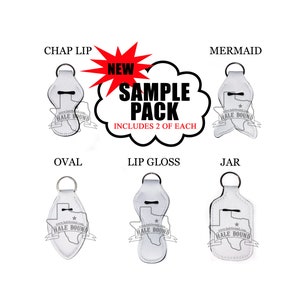 May include: A sample pack of 10 blank white keychain lip balm holders in various shapes, including chap lip, mermaid, oval, lip gloss, and jar. The pack includes two of each shape. The holders are made of a soft, white material and have a black strap for attaching to a keychain. The holders are blank and ready to be customized with designs, logos, or text.