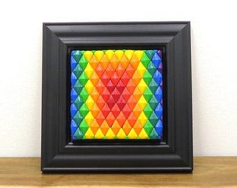 Rainbow wall art made with polymer clay. This small, framed artwork is a rainbow mosaic. Rainbow mosaic tile.