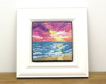 Beach scene polymer clay dot art.  This small, framed art depicts a seascape.  Polymer clay sculptural tile landscape art.