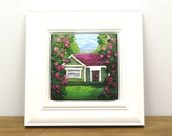 Summer house polymer clay painting illustration.  Small framed art. Landscape illustration.  Polymer clay art tile. Green summer house.