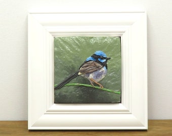 Blue Wren polymer clay painting.  This small, framed art depicts a Superb Fairy Wren.  Polymer clay sculptural tile.  Bird art. Wren art