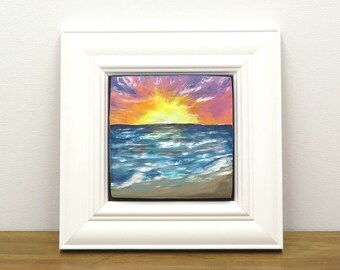 Sunrise beach polymer clay painting.  Small framed coastal art. Seascape painting.  Polymer clay art tile with a Christian theme.