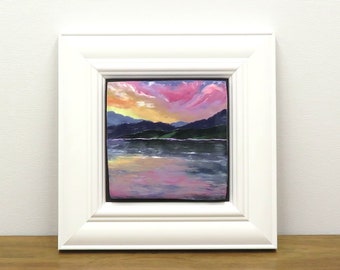 Peaceful lake landscape polymer clay painting.  Small framed art. Landscape painting.  Polymer clay art tile with a Christian theme.