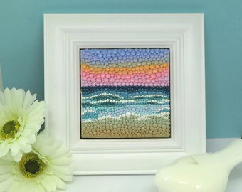 Sunset dot art polymer clay mosaic.  This small, framed art looks like a dot painting and has a Christian theme. Summer art.