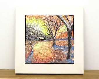 Snow scene polymer clay dot art.  This small, framed art depicts a warm snowscape at sunrise.  Polymer clay sculptural tile landscape art.