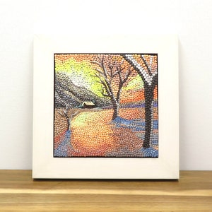 Snow scene polymer clay dot art. This small, framed art depicts a warm snowscape at sunrise. Polymer clay sculptural tile landscape art. image 1