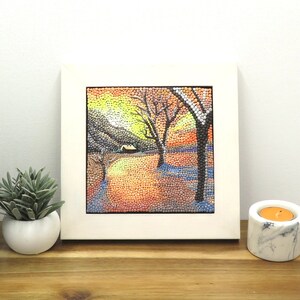 Snow scene polymer clay dot art. This small, framed art depicts a warm snowscape at sunrise. Polymer clay sculptural tile landscape art. image 2