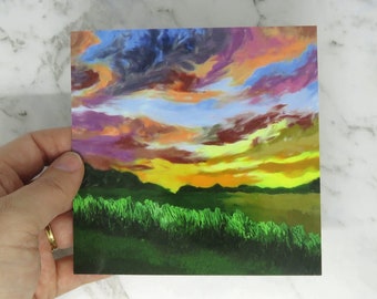 Small square art print card - Sunrise art print with a Christian theme - Art print of a polymer clay painting by Leah Radlett titled "Risen"