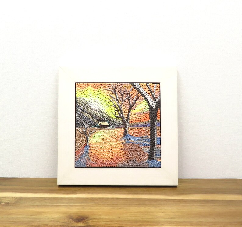 Snow scene polymer clay dot art. This small, framed art depicts a warm snowscape at sunrise. Polymer clay sculptural tile landscape art. image 1