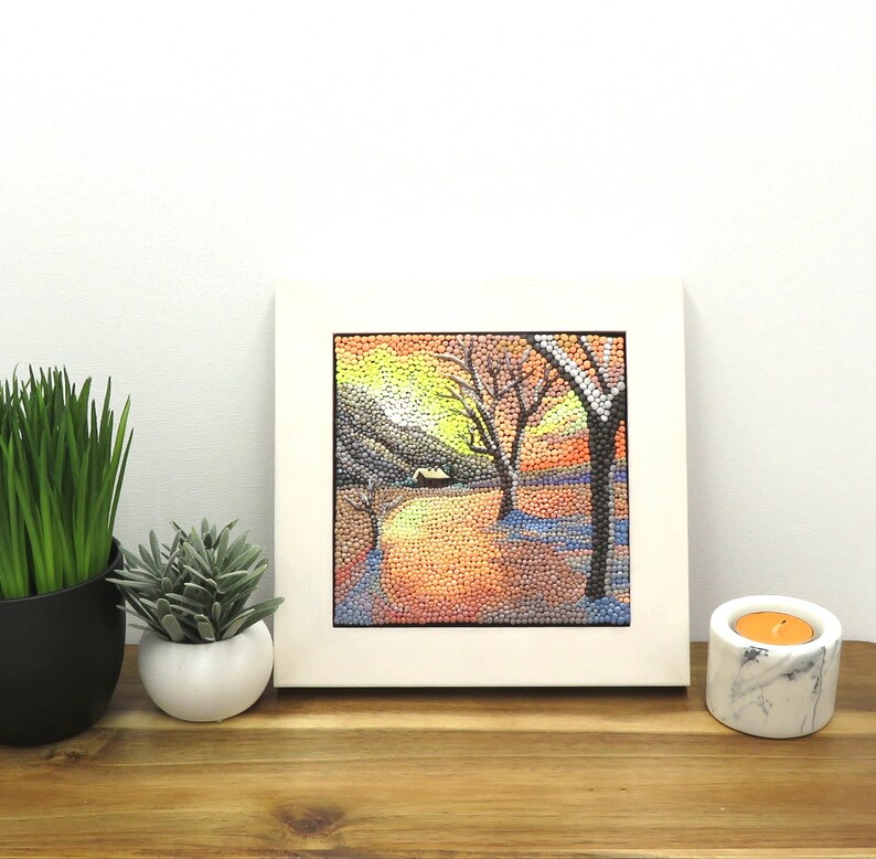 Snow scene polymer clay dot art. This small, framed art depicts a warm snowscape at sunrise. Polymer clay sculptural tile landscape art. image 2