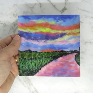 Small square art print card - Pink lake art print with a Christian theme - Art print of a polymer clay painting by Leah Radlett "Faithful"