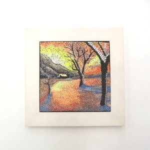 Snow scene polymer clay dot art. This small, framed art depicts a warm snowscape at sunrise. Polymer clay sculptural tile landscape art. image 3