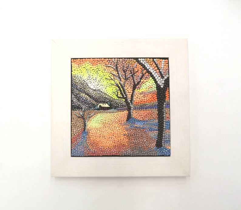 Snow scene polymer clay dot art. This small, framed art depicts a warm snowscape at sunrise. Polymer clay sculptural tile landscape art. image 3