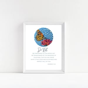 DIGITAL DOWNLOAD, Romans 12:2, Printable Wall Art, Christian Printable Scripture Art, Printable Bible Verse, Butterfly Transformed Bible Art
