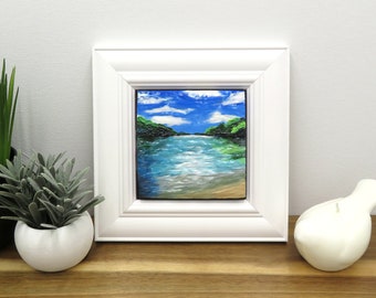 Tropical landscape polymer clay painting.  Small framed art. Coastal painting.  Polymer clay art tile with a Christian theme.