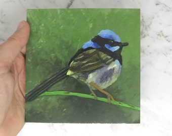 Small square art print card - Blue wren art print - Art print of a polymer clay artwork by Leah Radlett "Little Blue Wren" - wren art print