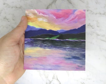 Small square art print card - Calm lake art print - Art print of a polymer clay artwork by Leah Radlett "Peace, little one" - lake art print