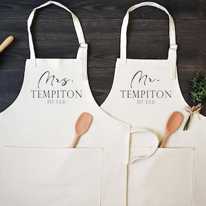 Personalized Kitchen Aprons for Couple, Custom Cooking Aprons with Pocket, Set of Two Aprons, Wedding Anniversary Gift, His and Hers Aprons