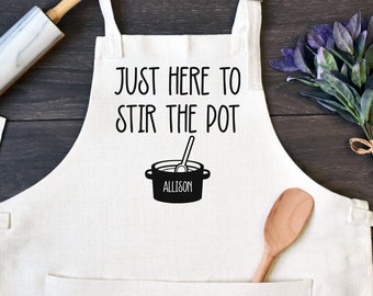 Personalized Linen Kitchen Apron, Funny Cooking Apron with Pocket, Custom Birthday & Housewarming for Friend Gift, Just Here To Stir The Pot