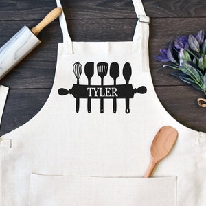 Personalized Kitchen Apron, Custom Cooking or Baking Apron with Pocket, Grilling Apron for Men or Women, Cooking Utensils and Name