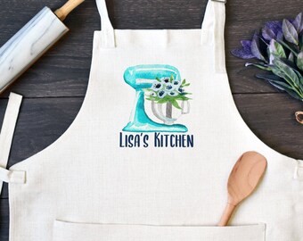 Personalized Kitchen Apron: Blue Floral Mixer, Custom Baking Gift