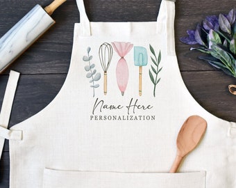 Personalized Linen Kitchen Apron, Custom Cooking Apron with Pocket, Pink Piping Bag