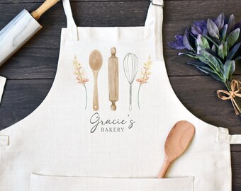 Personalized Kitchen Apron, Custom Baking Apron with Pocket for Women or Kids, Apron with Name and Baking Utensil Design