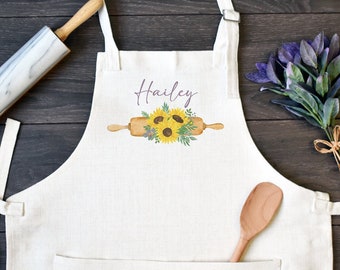 Personalized Linen Kitchen Apron, Custom Cooking Apron with Pocket, Sunflowers