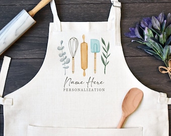 Personalized Linen Kitchen Apron, Custom Cooking Apron with Pocket