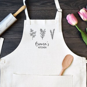 Personalized Linen Kitchen Apron, Custom Cooking Apron with Pocket