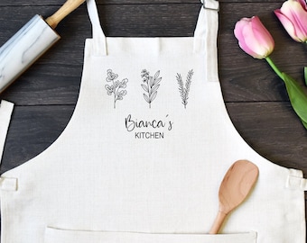 Personalized Linen Kitchen Apron, Custom Cooking Apron with Pocket