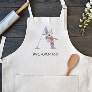 Personalized Linen Kitchen Apron, Custom Cooking Apron with Pocket, Mother&#39;s Day Gift for Mom or Baker, Floral Lavender Initial Monogram